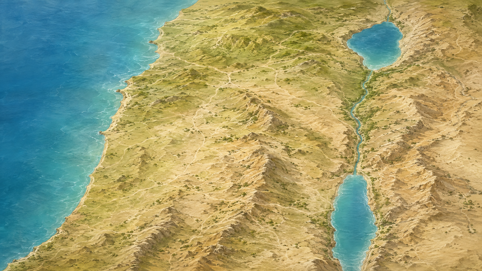 Mapa en relieve de Galilea y Judea con el mar Mediterráneo, el mar de Galilea, el río Jordán, el mar Muerto y las zonas montañosas